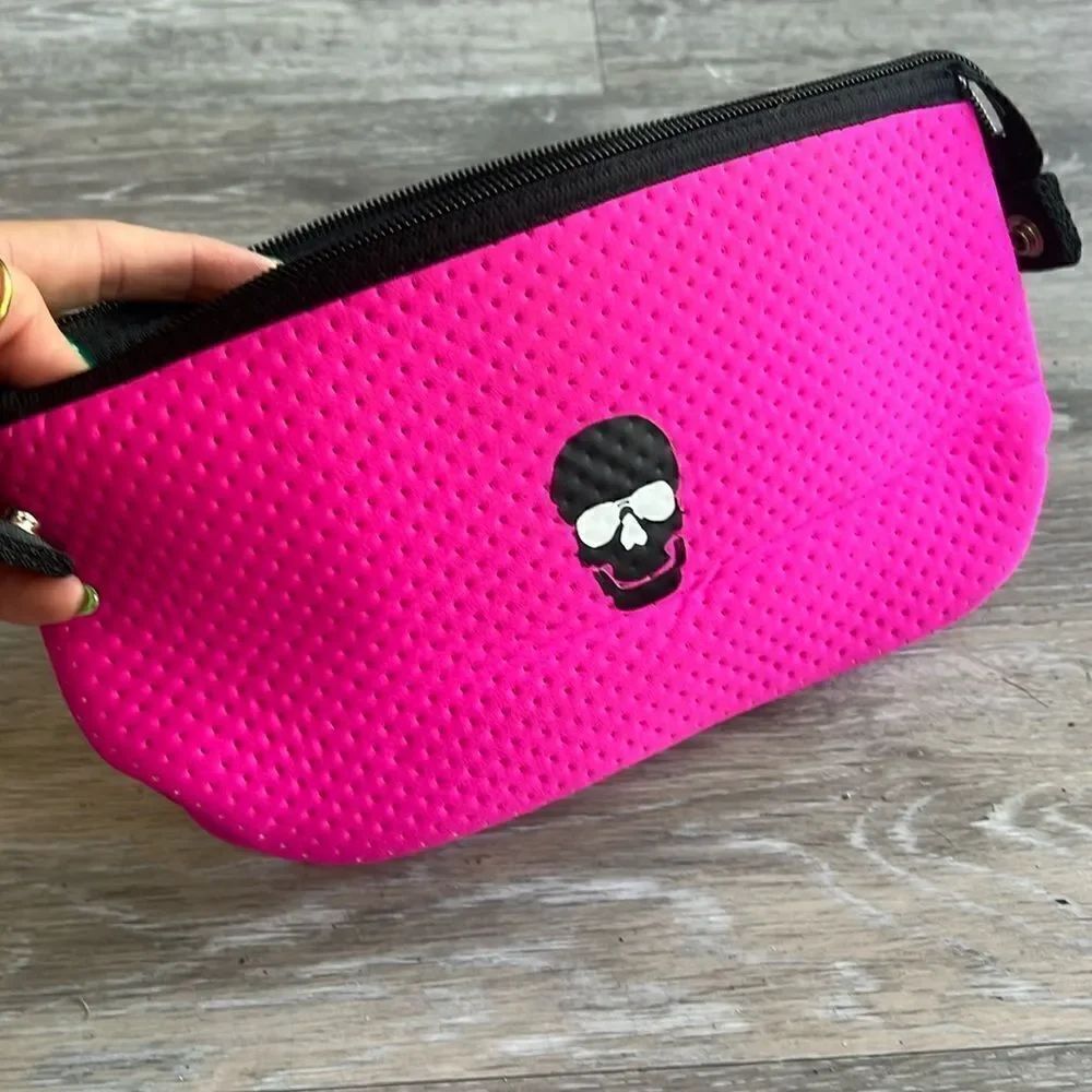 Hot Pink Neoprene Cosmetic Case with Skull Logo - Cosmetic Case - NEW   NWT